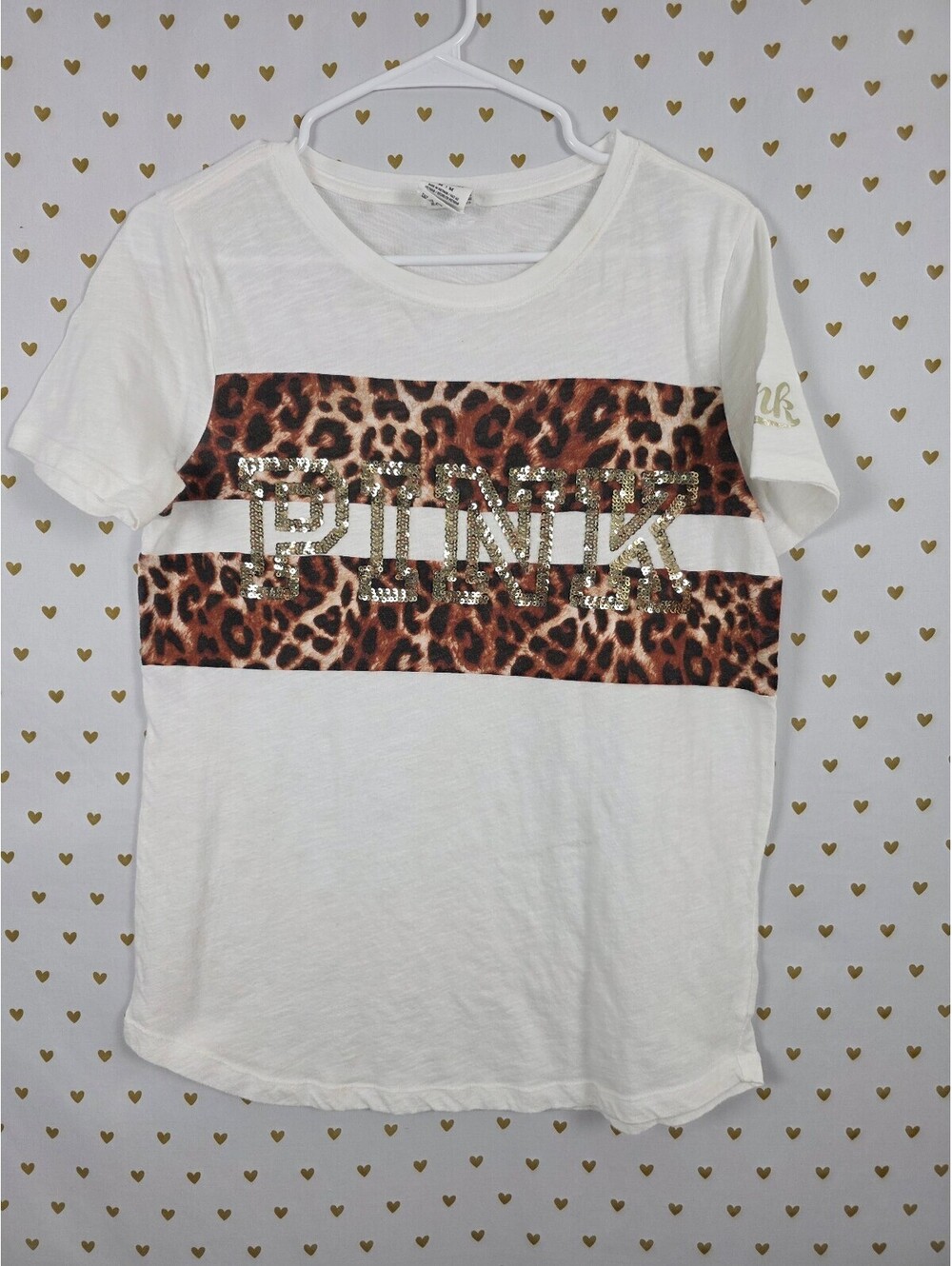 Victorias Secret PINK BLING Gold Sequin Cheetah Leopard Tee shirt MEdium